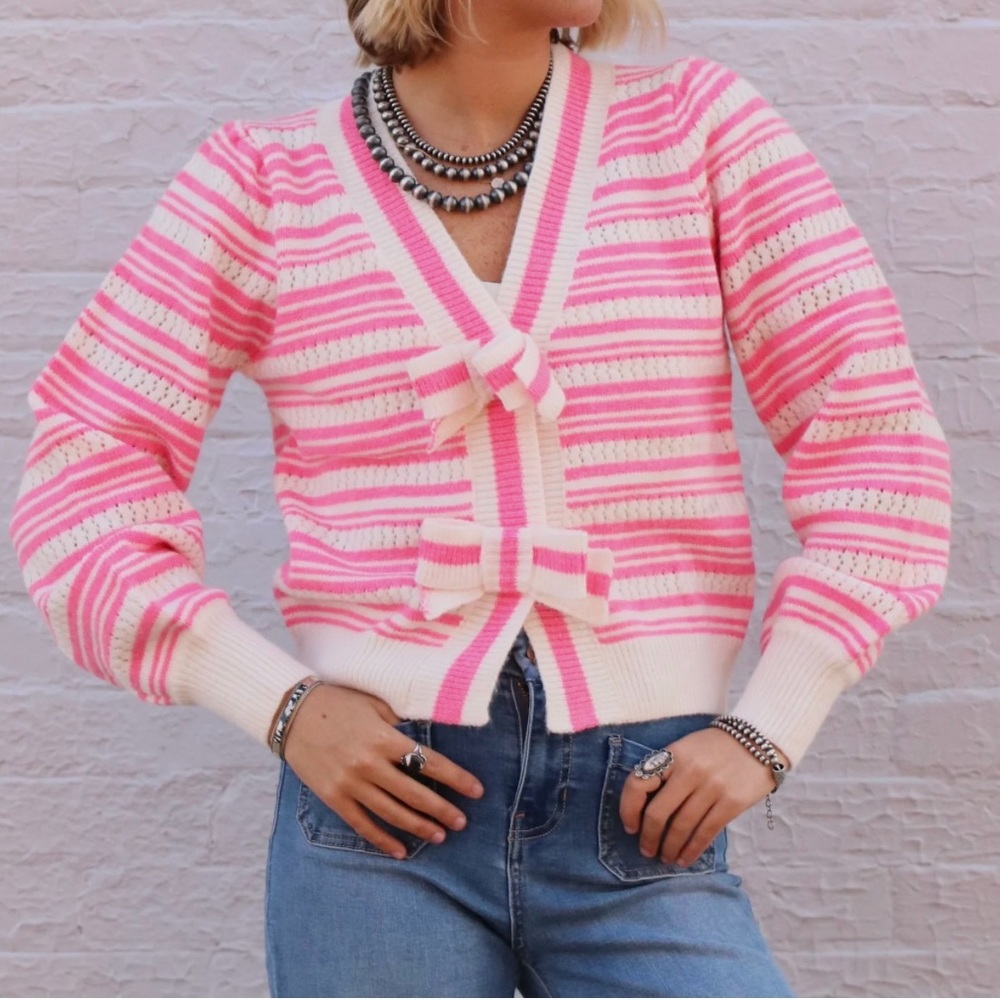 Bow Sweater-Pink and White size M-